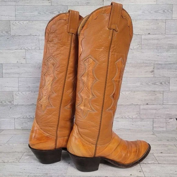 Vintage Nocona Western Brown Exotic Eel Leather Inlay Cowboy Boots Women's 6 C - Picture 7 of 11